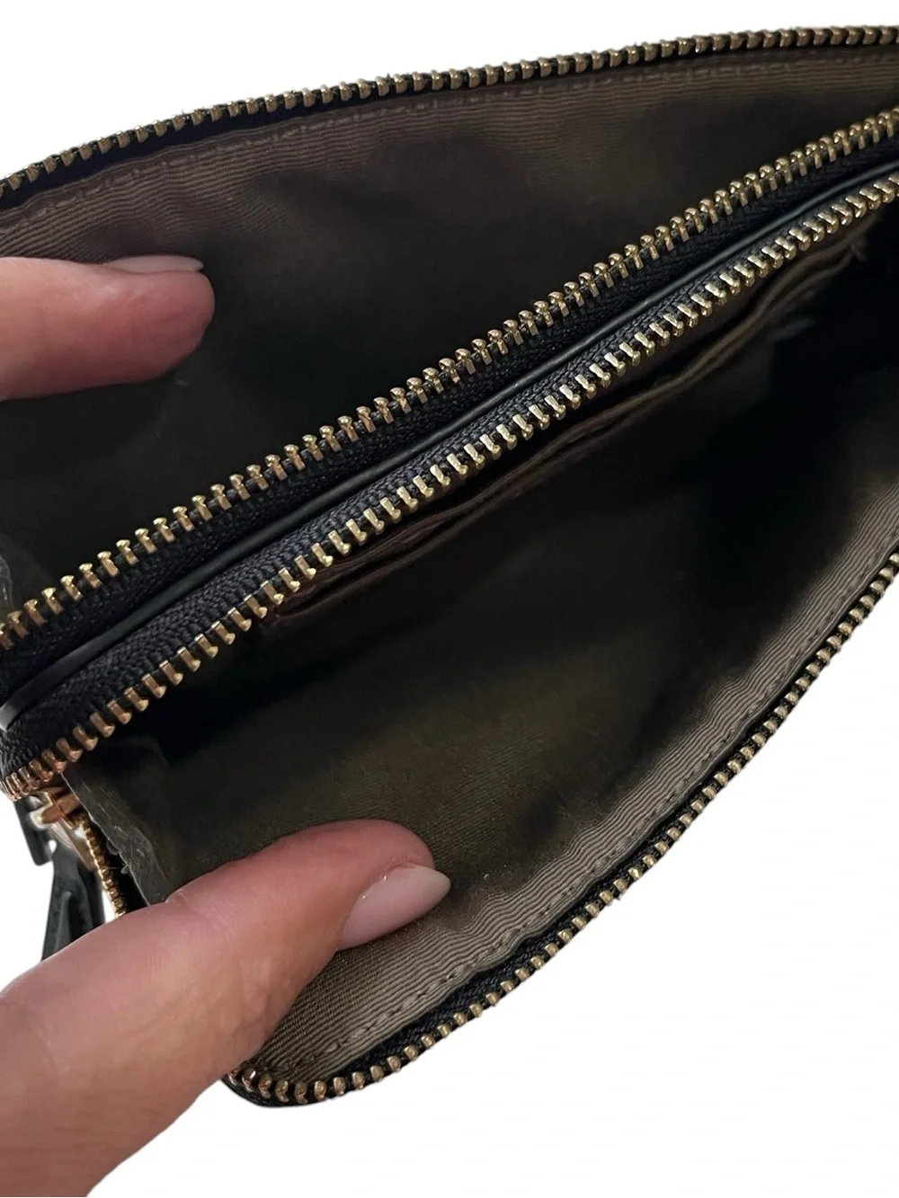 Coach Double Zip Wristlet Pouch White Leather & Signature Canvas Black Brown EUC